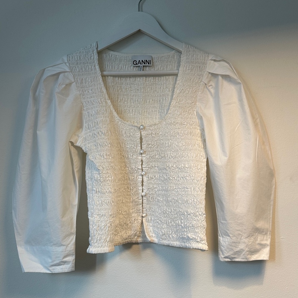 Ganni Cream Smocked Button-Up Top